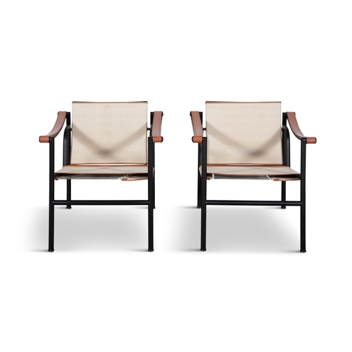 82 - LE CORBUSIER (1887-1965)  A pair of LC1 armchairs by Le Corbusier, brown leather armrests, black chr... 