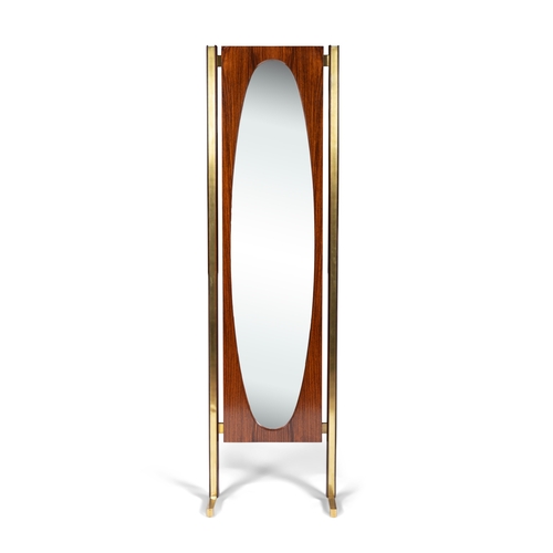 97 - MIRROR  A rosewood free-standing mirror with brass feet. Italy, c.1970. 48.5 × 173cm (h).