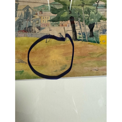 15 - Harry Kernoff RHA (1900-1974)  Village Scene with Church and Bus (1937)  Watercolour, 27 x 35cm (10½... 