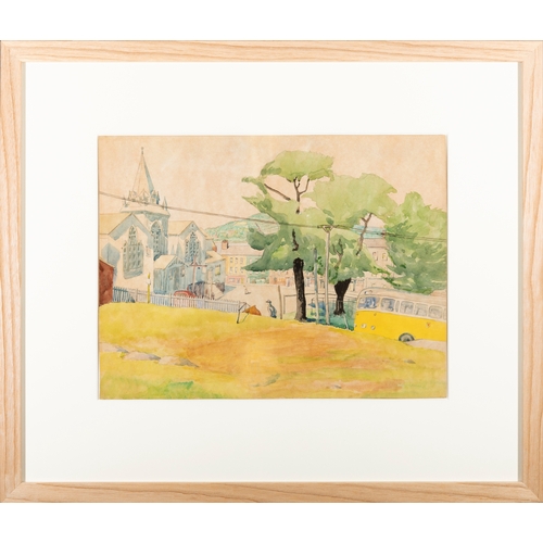15 - Harry Kernoff RHA (1900-1974)  Village Scene with Church and Bus (1937)  Watercolour, 27 x 35cm (10½... 
