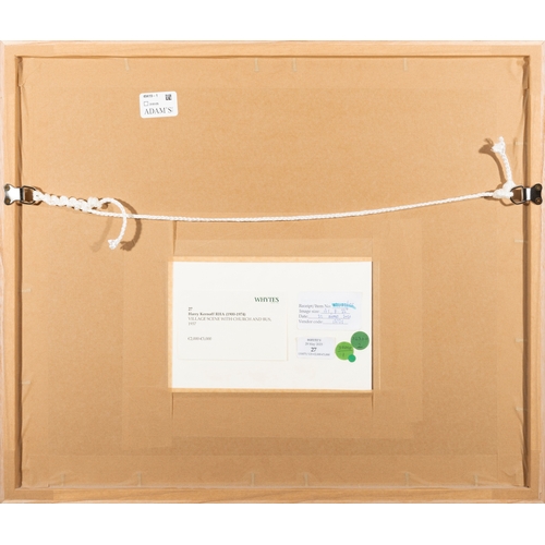 15 - Harry Kernoff RHA (1900-1974)  Village Scene with Church and Bus (1937)  Watercolour, 27 x 35cm (10½... 