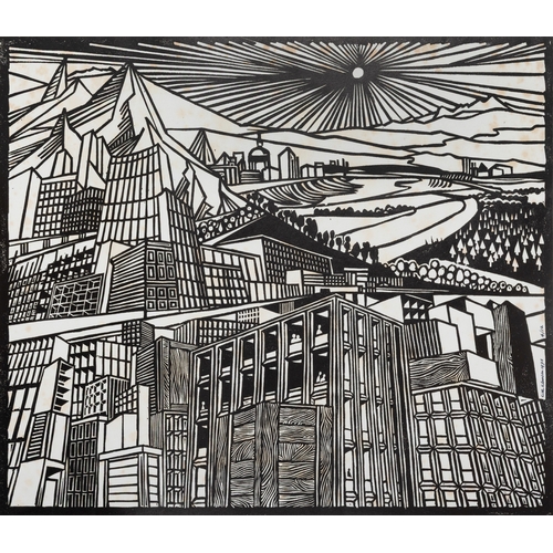 28 - Cor Klaasen (1926-1989)  City  Woodblock print, 46 x 48cm Signed, dated 1975 and numbered 4/12  Unfr... 