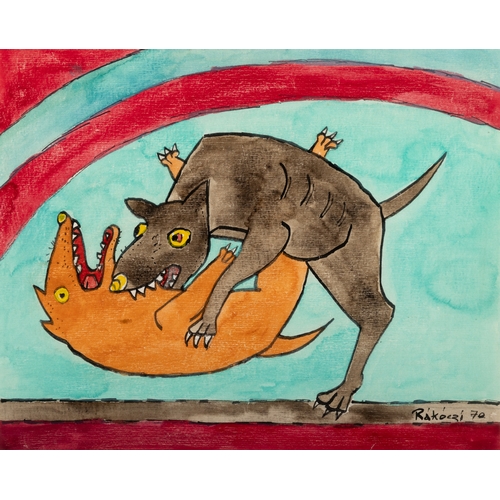 58 - Basil Ivan Rakoczi (1908-1979)  Dogs Fighting  Watercolour, 32 x 39cm  Signed and dated (19)70