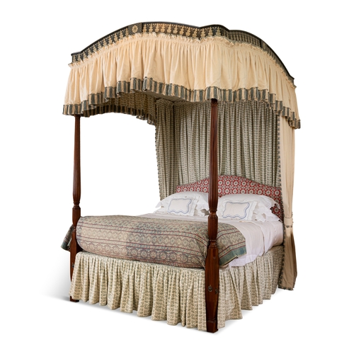 461 - A GEORGE III STYLE MAHOGANY AND POLYCHROME-DECORATED FOUR-POSTER BED,   with fluted front supports, ... 