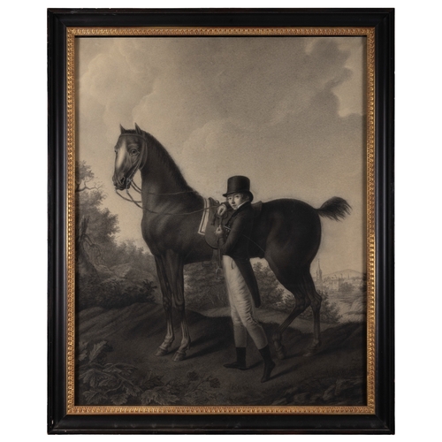 464 - FRENCH SCHOOL, EARLY 19TH CENTURY  A Horse and his Young Rider, A Town Beyond  Charcoal, heightened ... 