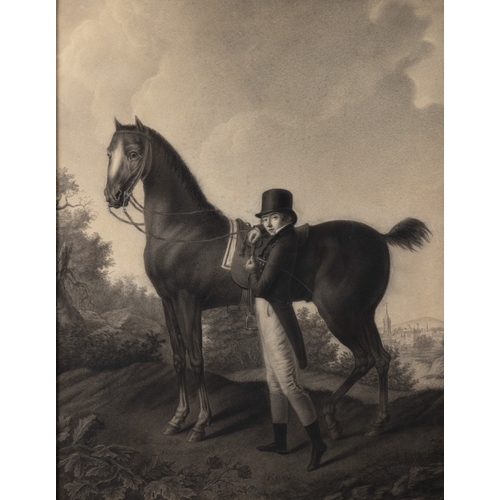464 - FRENCH SCHOOL, EARLY 19TH CENTURY  A Horse and his Young Rider, A Town Beyond  Charcoal, heightened ... 