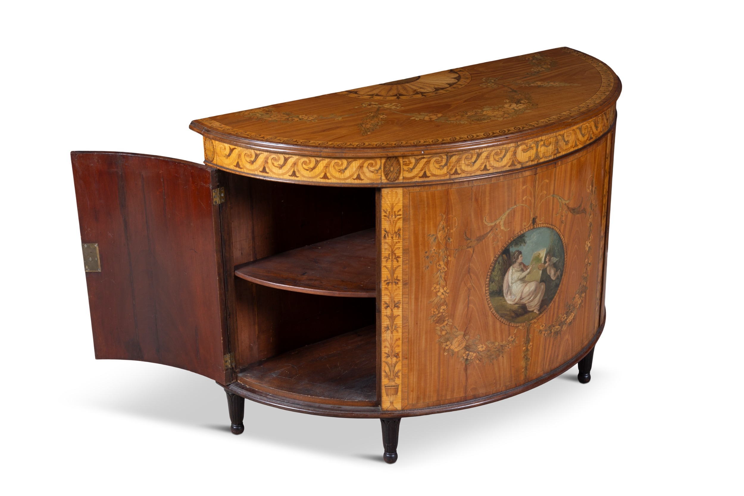 A GEORGE III SATINWOOD AND MARQUETRY DEMI- LUNE COMMODE, ATTRIBUTED TO ...