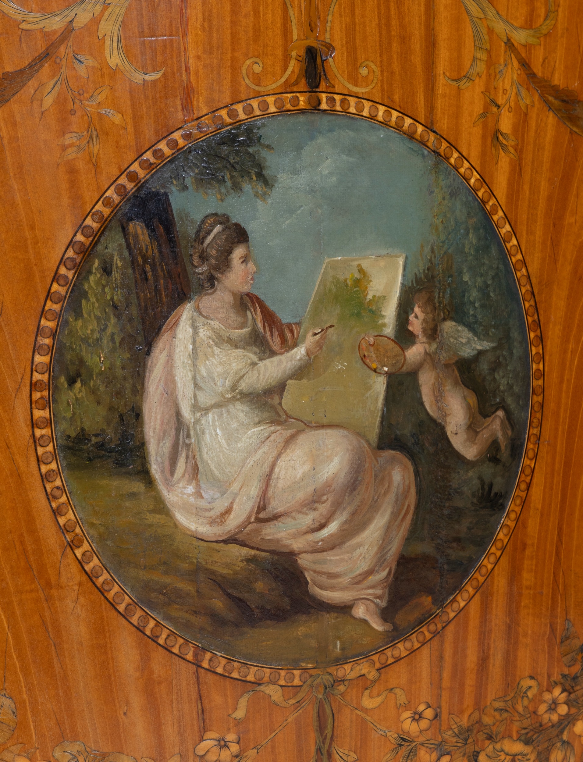 A GEORGE III SATINWOOD AND MARQUETRY DEMI- LUNE COMMODE, ATTRIBUTED TO ...