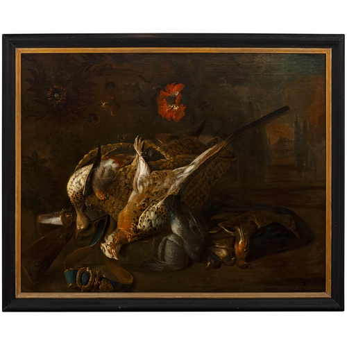 595 - CHARLES COLLINS (c. 1694/1704-1744) Game Still Life with Dead Hare, Bittern, Flintlock and Powder Fl... 