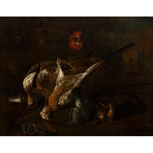 595 - CHARLES COLLINS (c. 1694/1704-1744) Game Still Life with Dead Hare, Bittern, Flintlock and Powder Fl... 