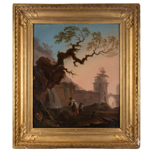 621 - ATTRIBUTED TO JEAN-BAPTISTE PILLEMENT  Figures Drawing Water from a Well Outside a Walled Town  Oil ... 