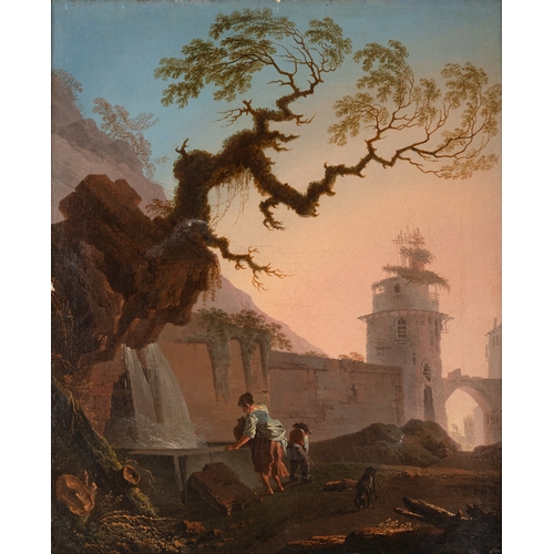621 - ATTRIBUTED TO JEAN-BAPTISTE PILLEMENT  Figures Drawing Water from a Well Outside a Walled Town  Oil ... 