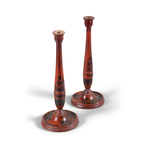 267 - A PAIR OF CHINOISERIE PAINTED CANDLESTICKS, LATE 19TH CENTURY   each 31cm high