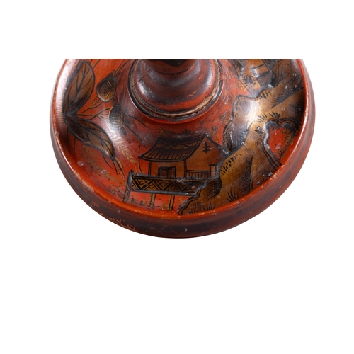 267 - A PAIR OF CHINOISERIE PAINTED CANDLESTICKS, LATE 19TH CENTURY   each 31cm high