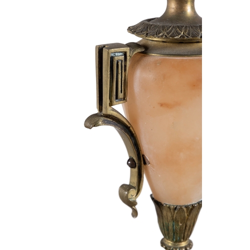 309 - A PAIR OF ALABASTER AND GILT METAL FIVE-LIGHT CANDELABRA, 19TH CENTURY, (E)   each with downswept ac... 