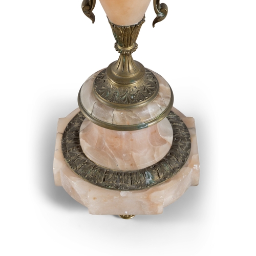 309 - A PAIR OF ALABASTER AND GILT METAL FIVE-LIGHT CANDELABRA, 19TH CENTURY, (E)   each with downswept ac... 