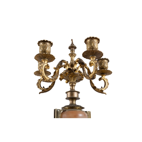 309 - A PAIR OF ALABASTER AND GILT METAL FIVE-LIGHT CANDELABRA, 19TH CENTURY, (E)   each with downswept ac... 