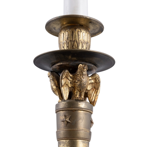 313 - A 19TH CENTURY ORMOLU TABLE LAMP (E)   the sockets supported by three carved owls, on a central colu... 