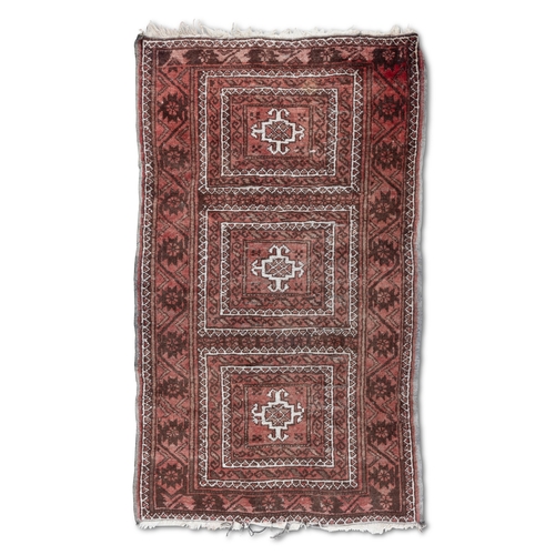 340 - A SEMI-ANTIQUE RED GROUND PERSIAN PRAYER RUG, 124 X 73CM   with three central guls within stylised f... 
