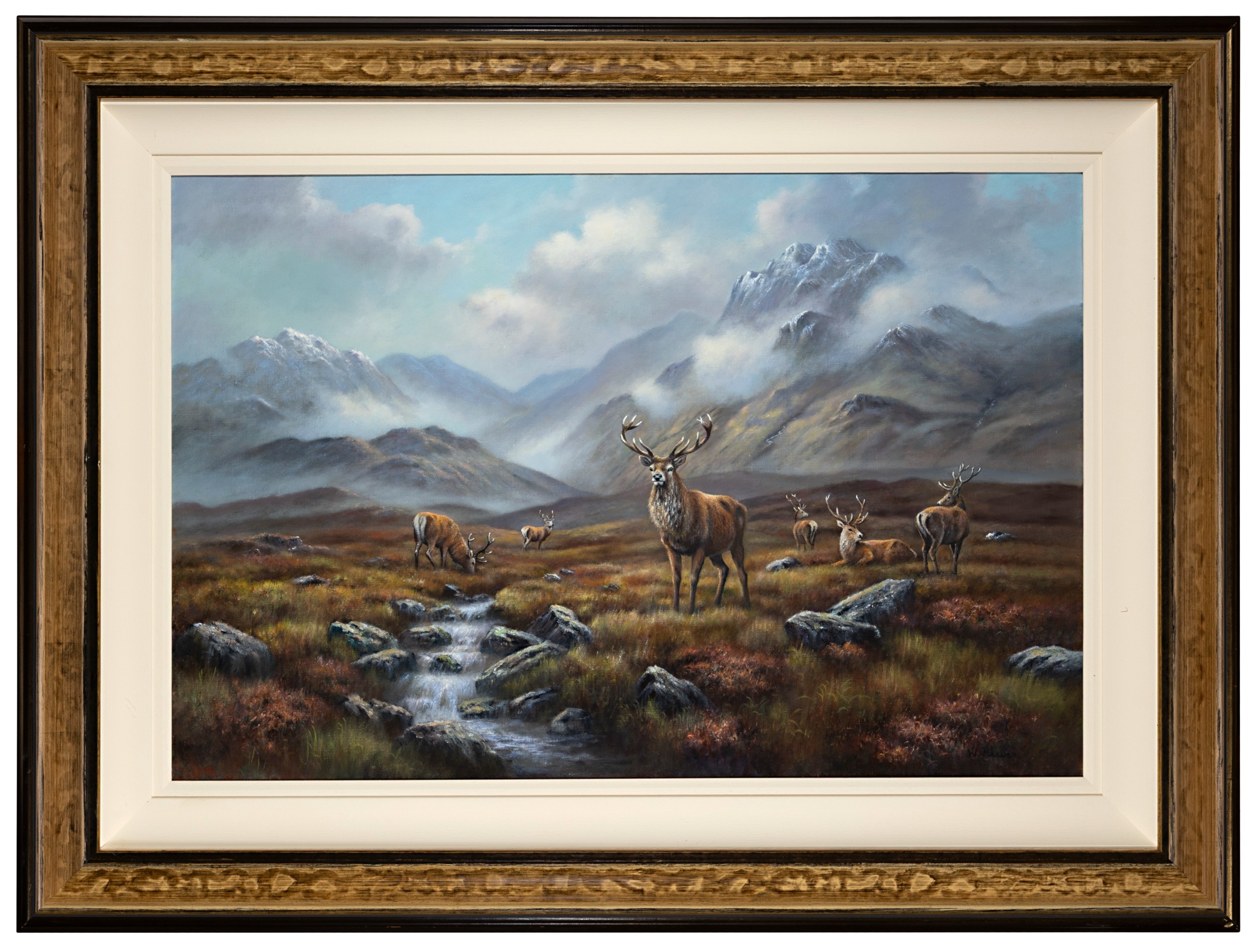 W. REEVES (BRITISH B. 1944) Stags in a mountainous landscape with ...