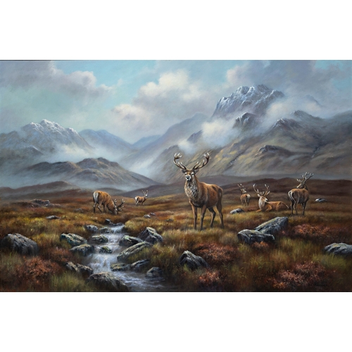 W. REEVES (BRITISH B. 1944) Stags in a mountainous landscape with ...