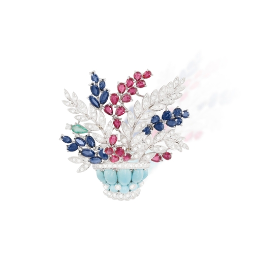 100 - A MULTI-GEM AND DIAMOND FLOWER BASKET BROOCH, CIRCA 1960  Of giardinetto design, the naturalistic sp... 