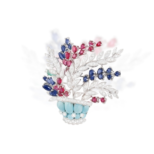 100 - A MULTI-GEM AND DIAMOND FLOWER BASKET BROOCH, CIRCA 1960  Of giardinetto design, the naturalistic sp... 