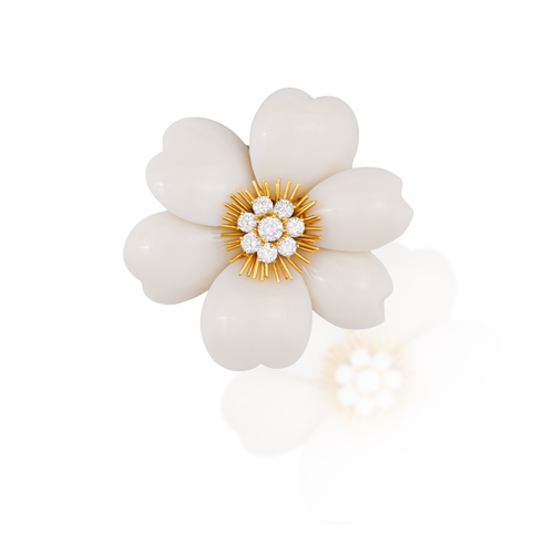 114 - VAN CLEEF & ARPELS: A RARE AND COLLECTIBLE CORAL AND DIAMOND DEMI-PARURE 'ROSE DE NOËL', CIRCA 1975 ... 