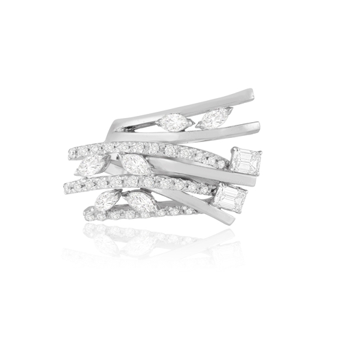 118 - M. & CO.: A RETRO DIAMOND RING, CIRCA 1950  The stepped, fan-shaped mount comprising seven knife-edg... 