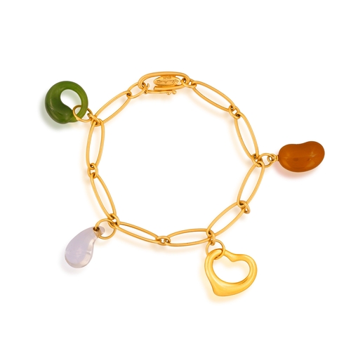 196 - TIFFANY & CO, ELSA PERETTI: A GOLD AND HARDSTONE CHARM BRACELET  The fancy-link chain suspending fou... 