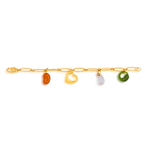 196 - TIFFANY & CO, ELSA PERETTI: A GOLD AND HARDSTONE CHARM BRACELET  The fancy-link chain suspending fou... 