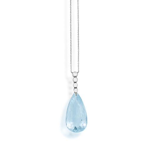 64 - AN AQUAMARINE AND DIAMOND PENDANT NECKLACE  The pear-shaped aquamarine drop weighing approximately 3... 