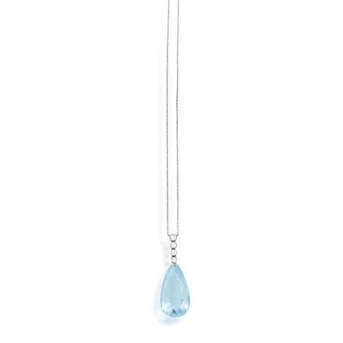 64 - AN AQUAMARINE AND DIAMOND PENDANT NECKLACE  The pear-shaped aquamarine drop weighing approximately 3... 