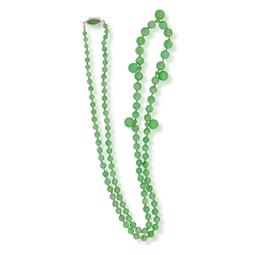 66 - A JADE BEAD SAUTOIR NECKLACE  The single row of graduated jade beads, measuring approximately 9.48mm... 