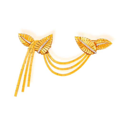 72 - A DIAMOND AND GOLD DOUBLE-CLIP BROOCH, FRENCH, CIRCA 1945-50  Each clip of stylised leaf motif, with... 