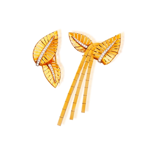 72 - A DIAMOND AND GOLD DOUBLE-CLIP BROOCH, FRENCH, CIRCA 1945-50  Each clip of stylised leaf motif, with... 