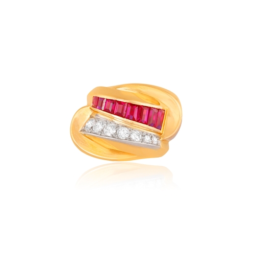 73 - A RETRO RUBY AND DIAMOND TANK RING, FRENCH, CIRCA 1945  The bombé mount designed as two overlapping ... 