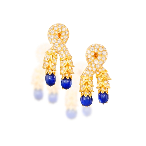 88 - RENÉ BOIVIN, DESIGNED BY JULIETTE MOUTARD: A RARE AND COLLECTIBLE PAIR OF SAPPHIRE AND DIAMOND 'NOEU... 