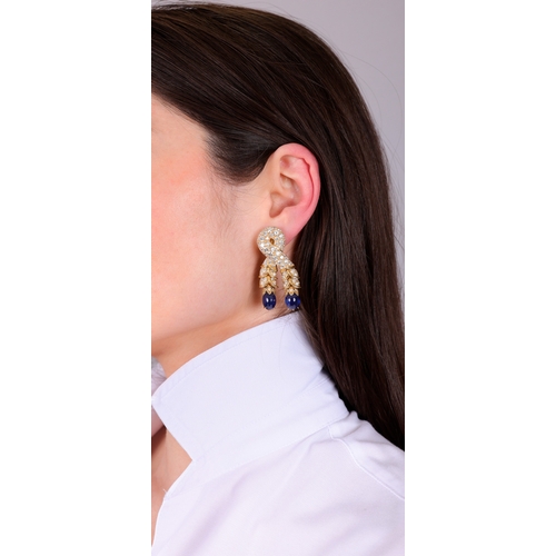 88 - RENÉ BOIVIN, DESIGNED BY JULIETTE MOUTARD: A RARE AND COLLECTIBLE PAIR OF SAPPHIRE AND DIAMOND 'NOEU... 