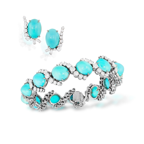 97 - A TURQUOISE AND DIAMOND BRACELET, WITH MATCHING EARCLIPS, CIRCA 1960  Set throughout with oval-shape... 