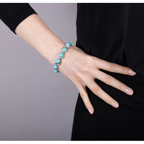 97 - A TURQUOISE AND DIAMOND BRACELET, WITH MATCHING EARCLIPS, CIRCA 1960  Set throughout with oval-shape... 