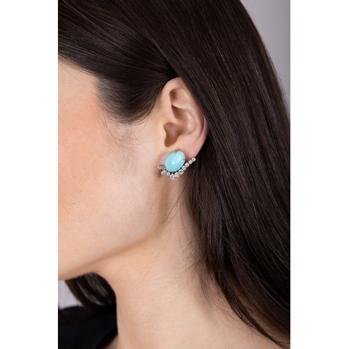 97 - A TURQUOISE AND DIAMOND BRACELET, WITH MATCHING EARCLIPS, CIRCA 1960  Set throughout with oval-shape... 