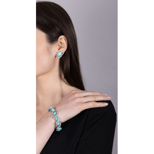 97 - A TURQUOISE AND DIAMOND BRACELET, WITH MATCHING EARCLIPS, CIRCA 1960  Set throughout with oval-shape... 