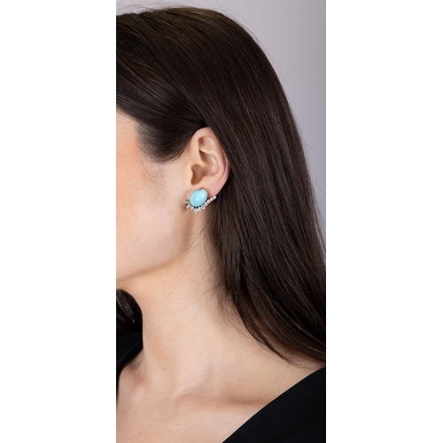97 - A TURQUOISE AND DIAMOND BRACELET, WITH MATCHING EARCLIPS, CIRCA 1960  Set throughout with oval-shape... 