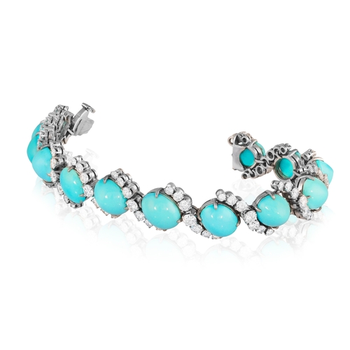 97 - A TURQUOISE AND DIAMOND BRACELET, WITH MATCHING EARCLIPS, CIRCA 1960  Set throughout with oval-shape... 
