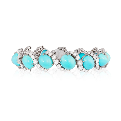 97 - A TURQUOISE AND DIAMOND BRACELET, WITH MATCHING EARCLIPS, CIRCA 1960  Set throughout with oval-shape... 