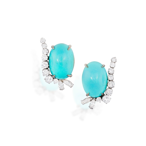 97 - A TURQUOISE AND DIAMOND BRACELET, WITH MATCHING EARCLIPS, CIRCA 1960  Set throughout with oval-shape... 