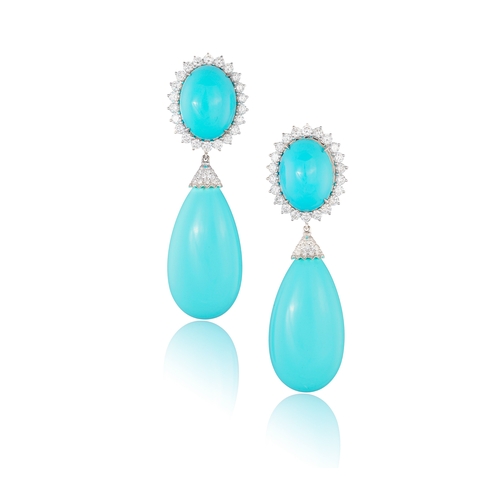 99 - A PAIR OF TURQUOISE AND DIAMOND PENDENT EARRINGS  Each turquoise drop with brilliant-cut diamond cap... 