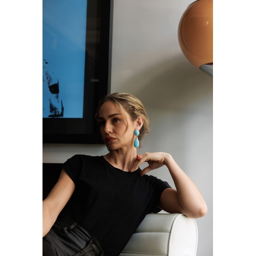 99 - A PAIR OF TURQUOISE AND DIAMOND PENDENT EARRINGS  Each turquoise drop with brilliant-cut diamond cap... 