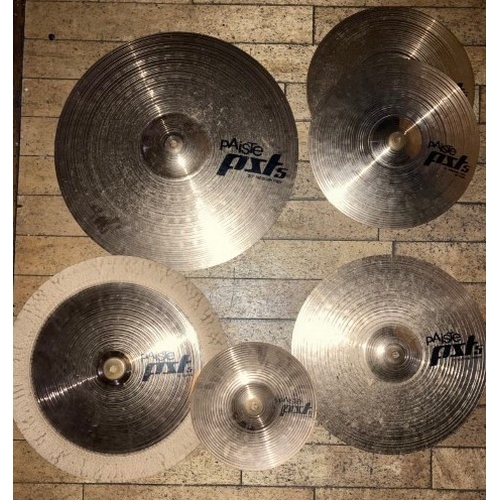 29 - Paiste PST5 cymbal set, with extra cymbals - ride, crash, two high hat, splash and chine - collectio... 